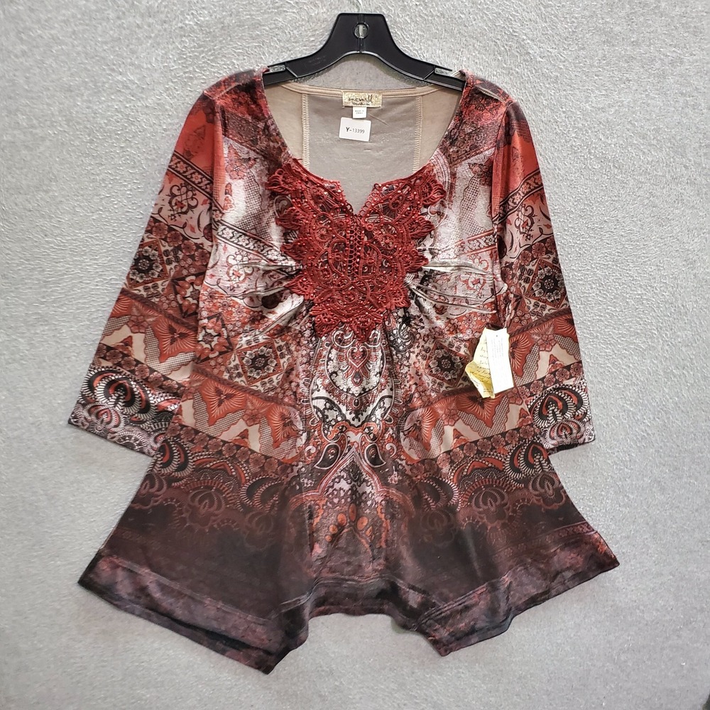 One World Women Top Small Red Blouse Boho Tunic Studded Embroidered Floral NWT